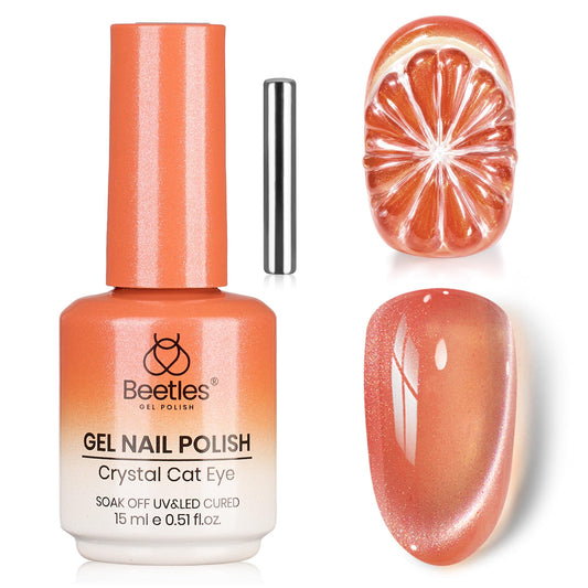 beetles front packaging showing 15ml orange cat eye polish and benefits