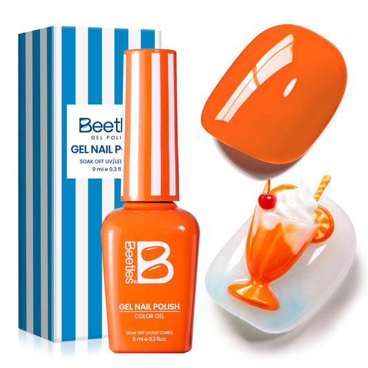 beetles Gel Polish front bottle showing bright orange shade and easy-grip cap
