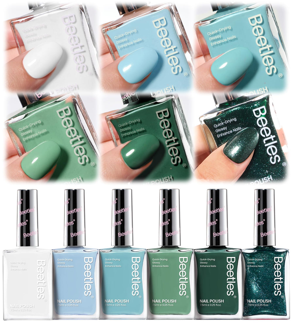 Beetles front packaging showing six polish bottles and coordinated greens