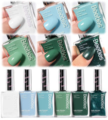 Beetles front packaging showing six polish bottles and coordinated greens