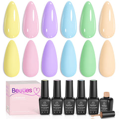 beetles gel polish front packaging showing six pastel bottles and brand name