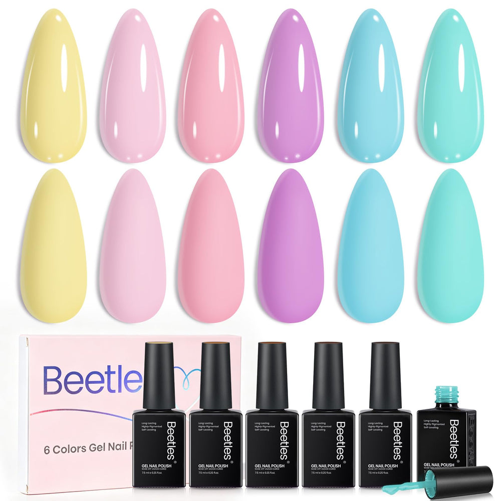 Beetles Gel Polish front packaging showing six pastel shades and kit convenience