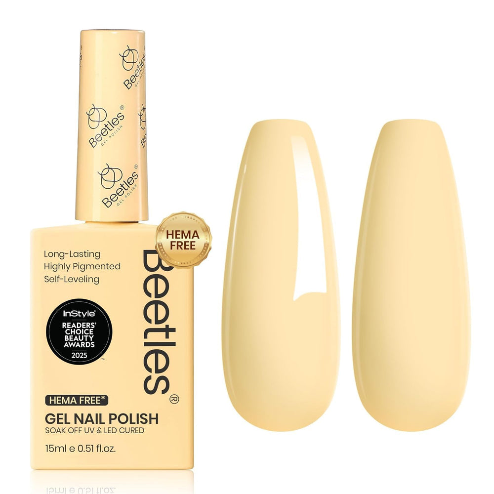 Beetles Gel Polish bottle front view showing pastel yellow shade and accurate color preview