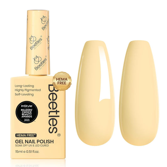 Beetles Gel Polish bottle front view showing pastel yellow shade and accurate color preview