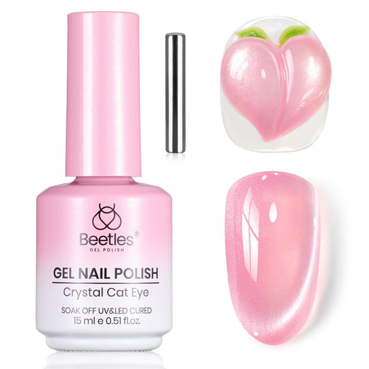 Beetles bottle front view showing peachy pink cat eye polish for easy identification