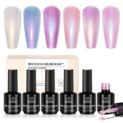 Beetles packaging showing six pastel pearl rubber base bottles and box for quick selection