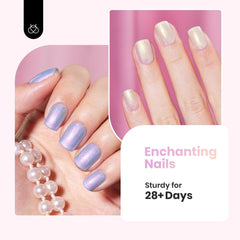 Beetles finished pearlescent manicure in lifestyle scene highlighting polished natural look