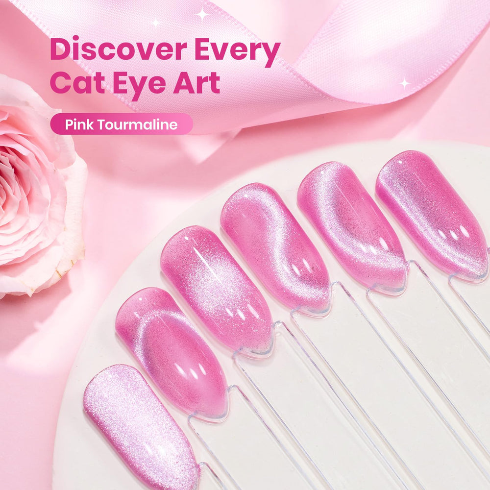 Beetles cured manicure top view showing glossy velvet-pink cat eye stripe and durable finish