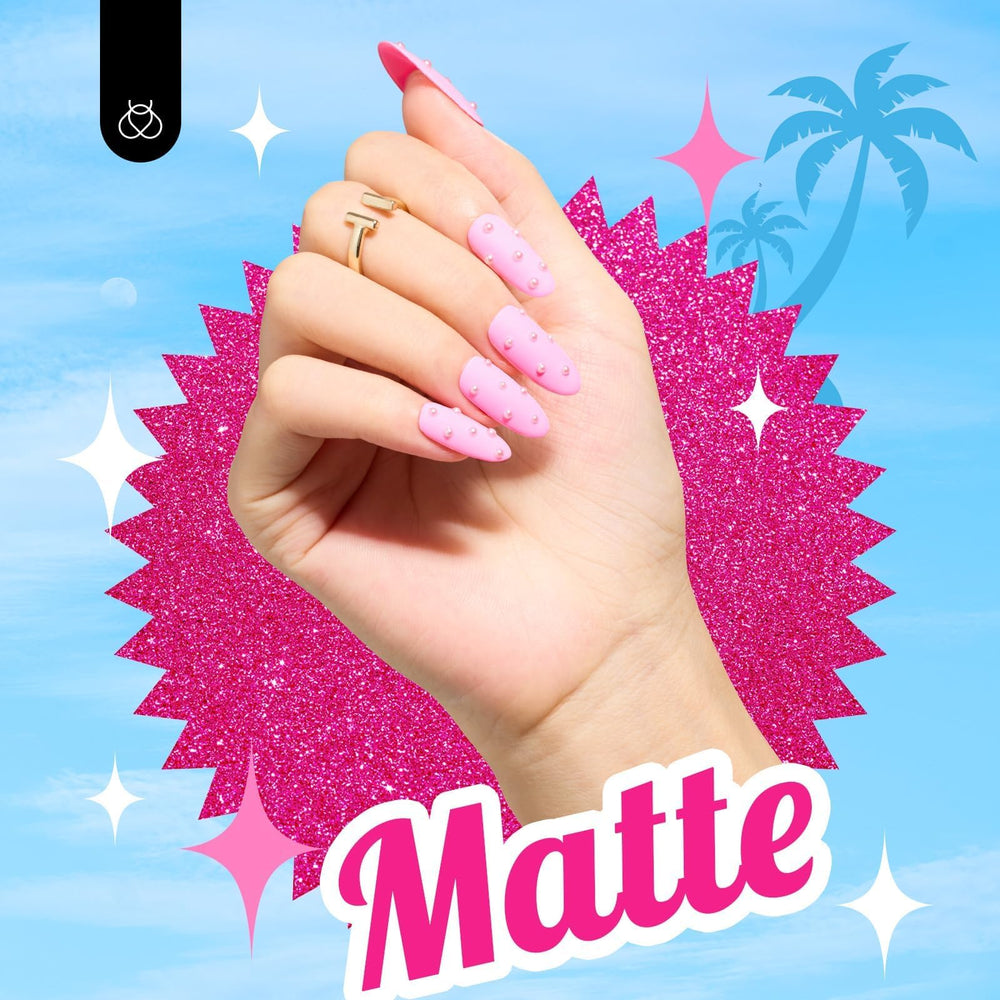 hand with beetles pink gel manicure swatch demonstrating salon finish