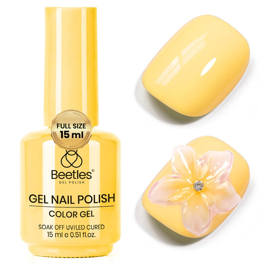Beetles bottle front view showing plumeria yellow for easy shade pick