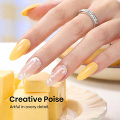 Beetles yellow manicure on model showing vibrant, long-lasting finish