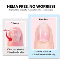 Beetles press-on nail attached on natural nail showing secure hold