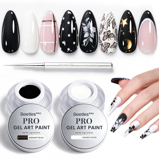 beetles Gel Polish front packaging showing both black and white jars and brush benefit precise selection