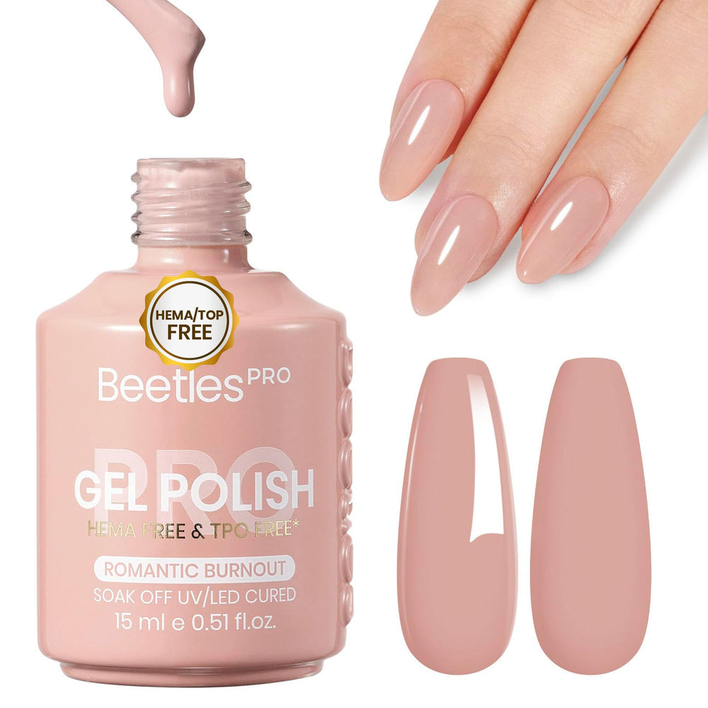 Beetles Gel Polish front bottle shot showing nude pink shade and professional packaging benefit