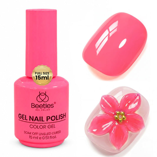 beetles bottle front view showing Raspberry Mousse hot pink and clear labeling, vibrant color advantage