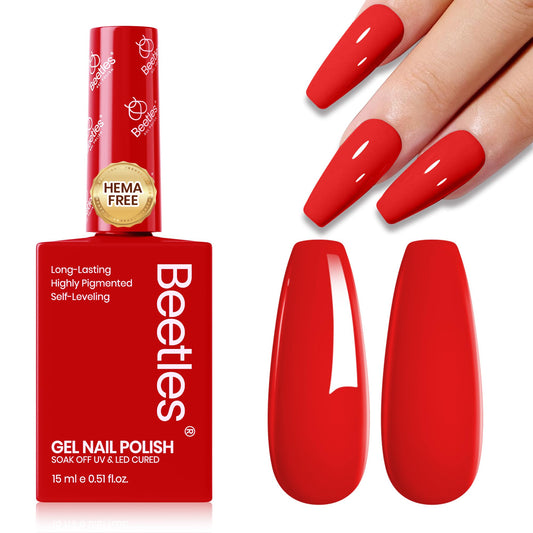 beetles gel polish bottle front showing vibrant red shade and easy identification