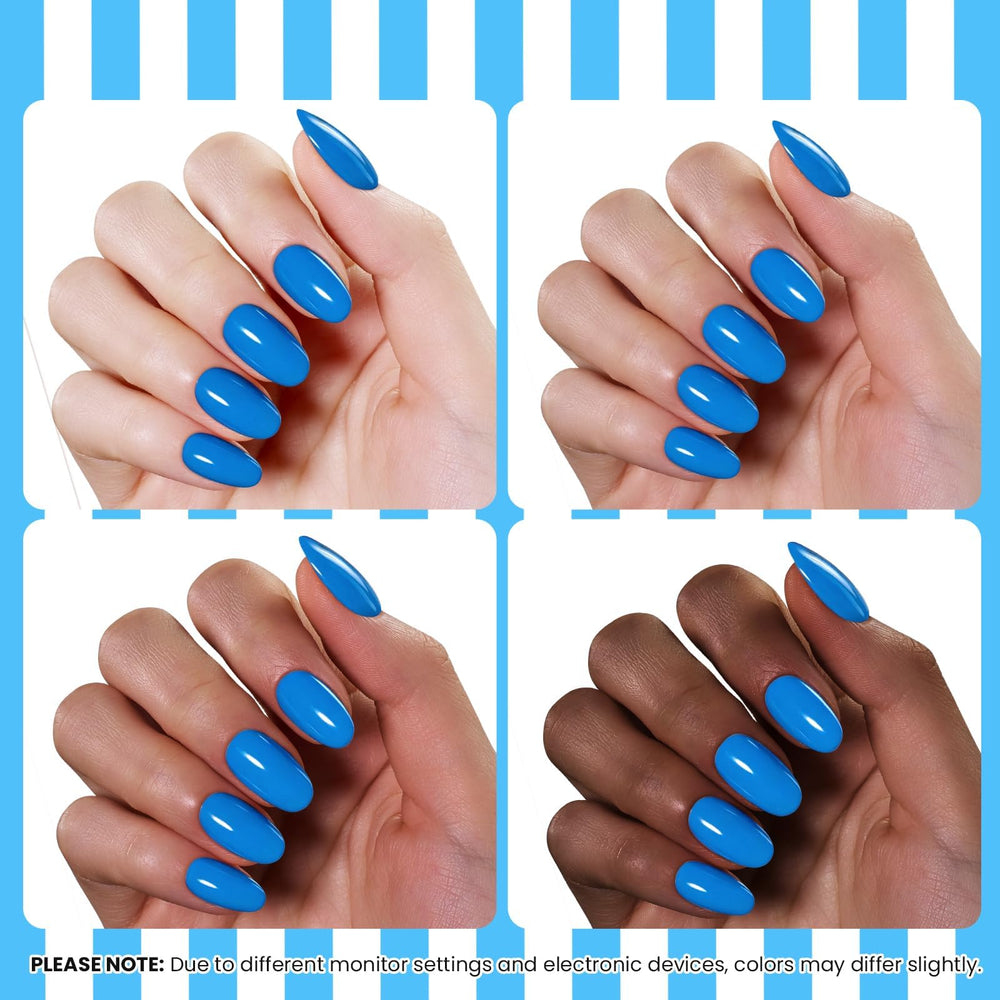 Beetles Gel Polish on model hand highlighting vibrant summer navy manicure in lifestyle setting