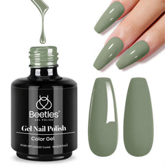 beetles bottle front view showing sage green gel polish, clear branding and benefit