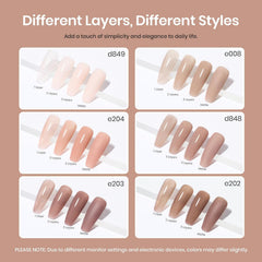 beetles six nude jelly gel shades lined up to compare translucence and tone for versatile looks