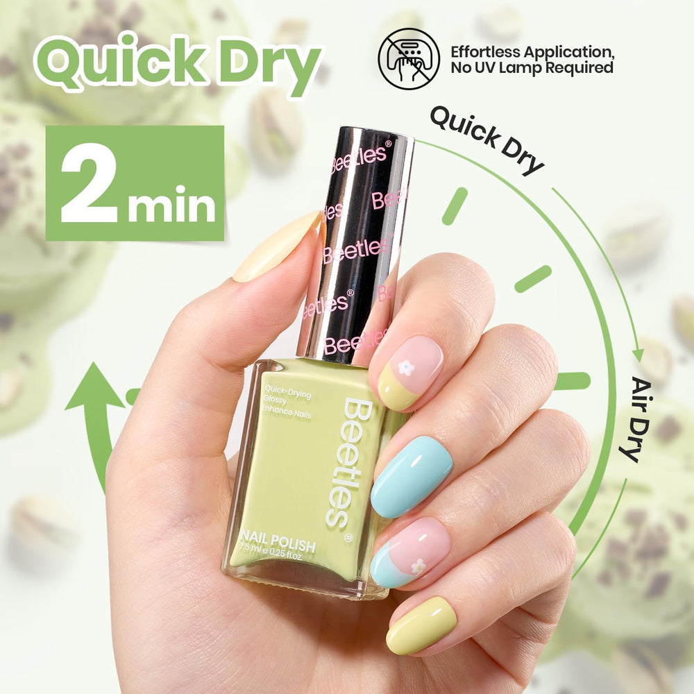 Beetles single nail with pistachio accent demonstrating vivid pastel pop and glossy finish