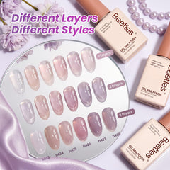Beetles Gel Polish six-color swatches laid out to display translucent layering options benefit