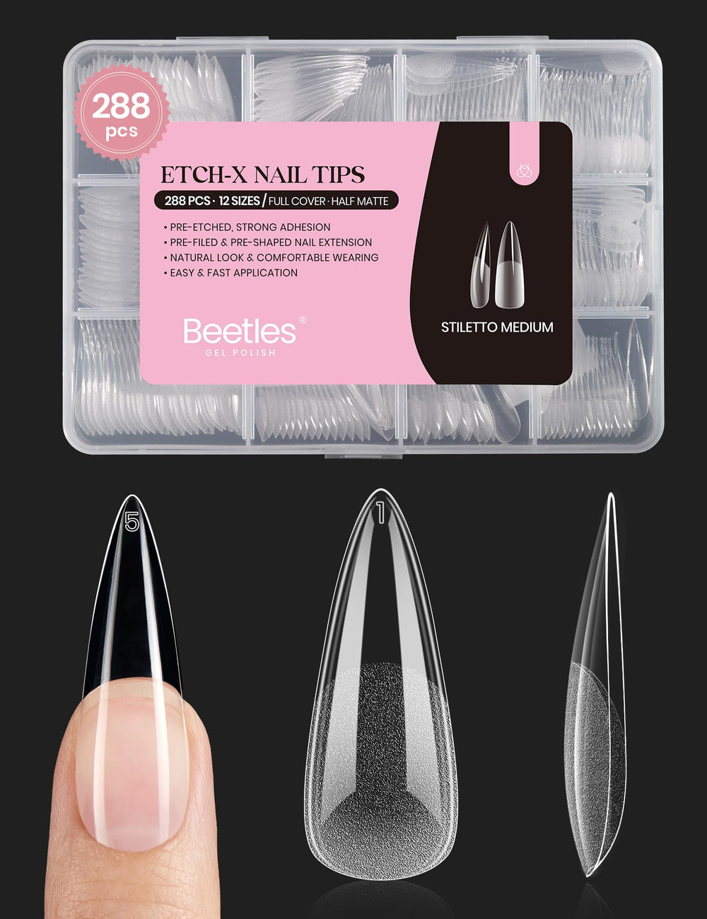 beetles front packaging showing 288-piece stiletto kit and quick application benefit