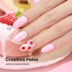 Beetles on hand nails wearing strawberry cream demonstrating wearable everyday pink