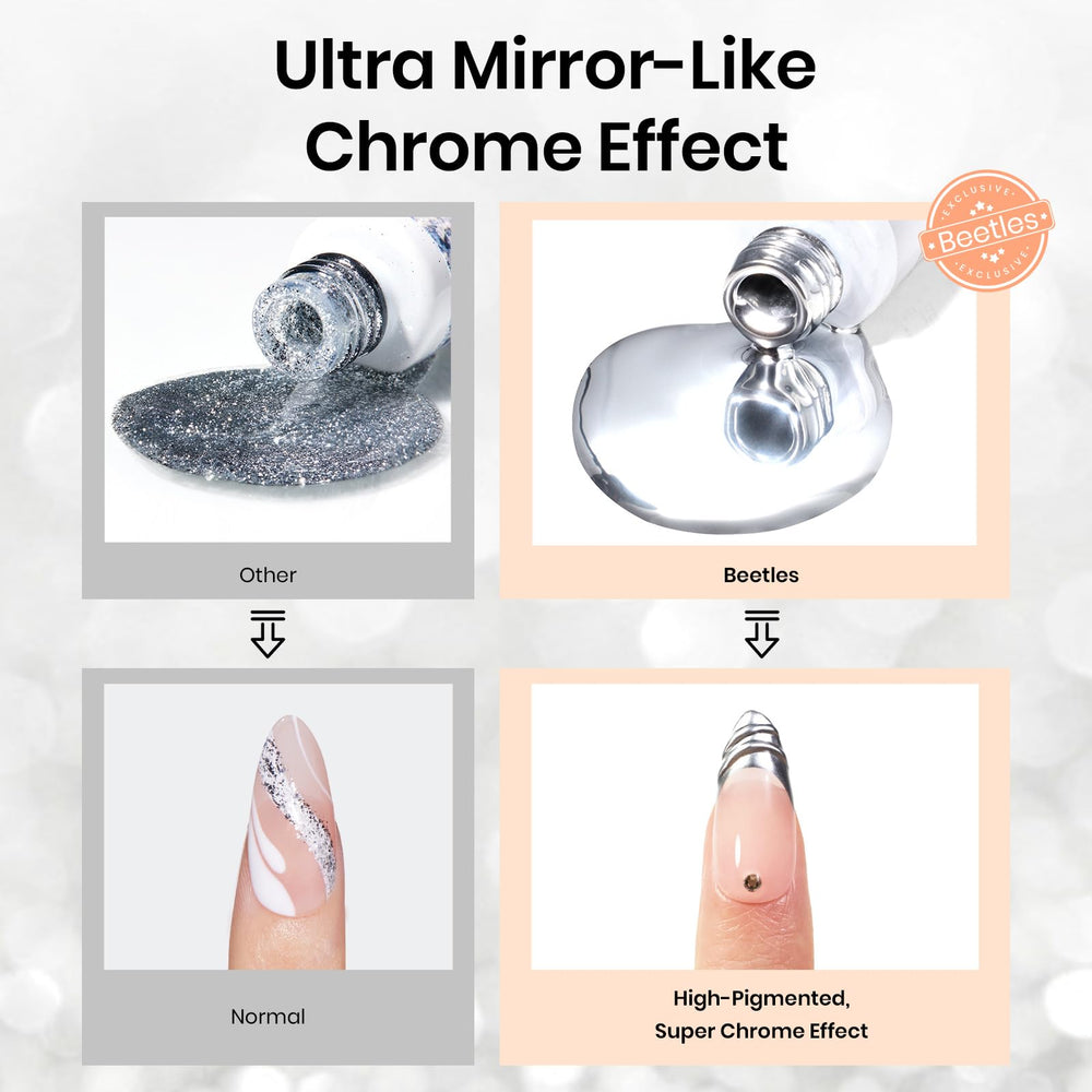 Beetles silver swatch on nail tip showing mirror chrome reflection