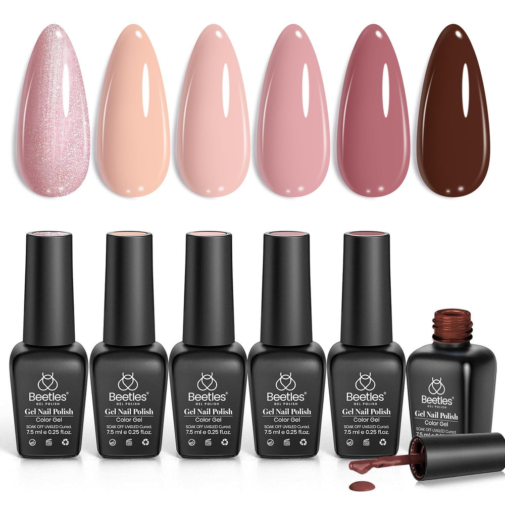 beetles front packaging showing six nude shades and benefits of coordinated tones