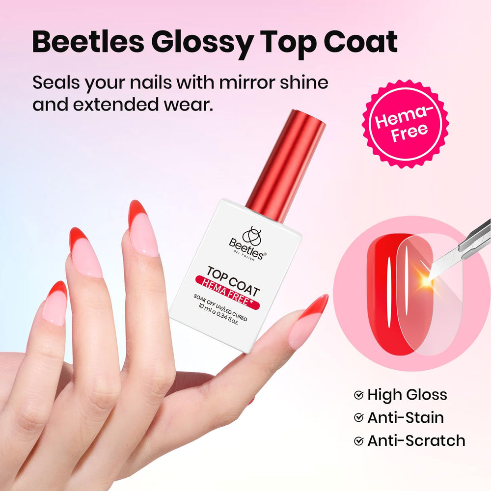 beetles texture stroke of glossy top coat on nail tip, shows smooth shine
