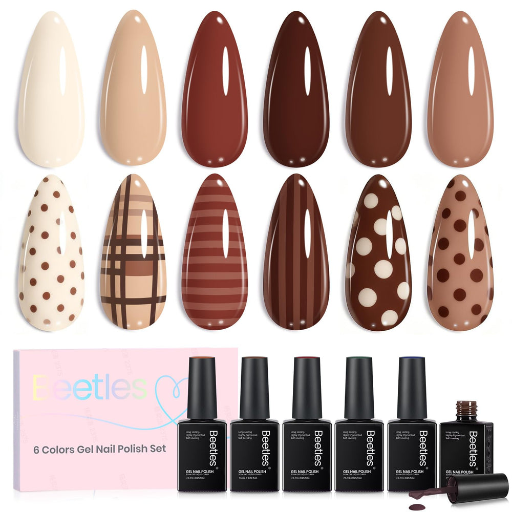 Beetles Gel Polish front packaging showing six warm brown bottles and kit benefits