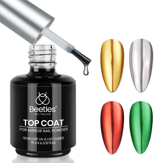 Beetles Gel Polishing top coat bottle front view showing sleek packaging and benefit of durable gloss