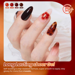 beetles tortoiseshell nail art on hand demonstrating layered amber and brown depth
