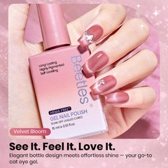 beetles model hands wearing velvet bloom nails showing romantic manicure benefit
