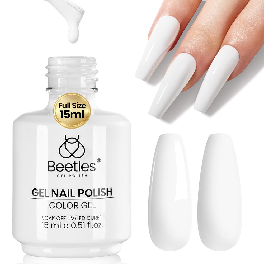 beetles Gel Polish front bottle showing pure white shade and clear label benefit: easy selection