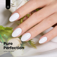 Beetles French tip demo on nails illustrating crisp white smile line