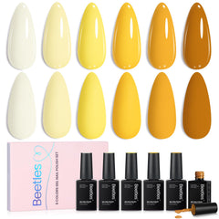 Beetles yellow collection front packaging showing six shades and vibrant finish