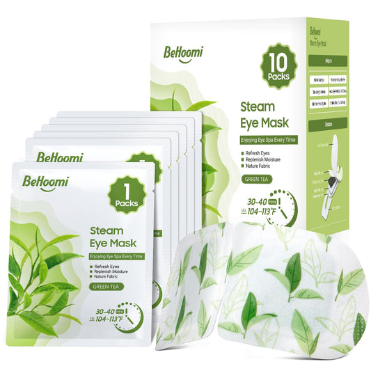 BeHoomi front packaging showing ten green tea scented masks and benefits