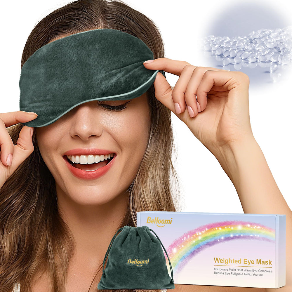 BeHoomi front view grey eye mask showing plush cover and strap for comfortable blocking