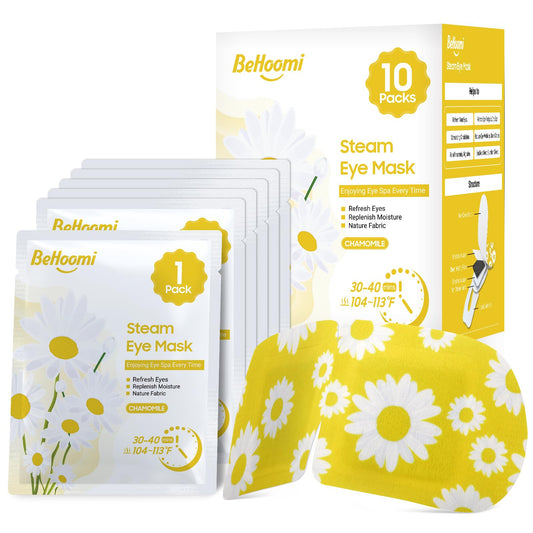 BeHoomi pack front view showing ten masks and chamomile scent benefit