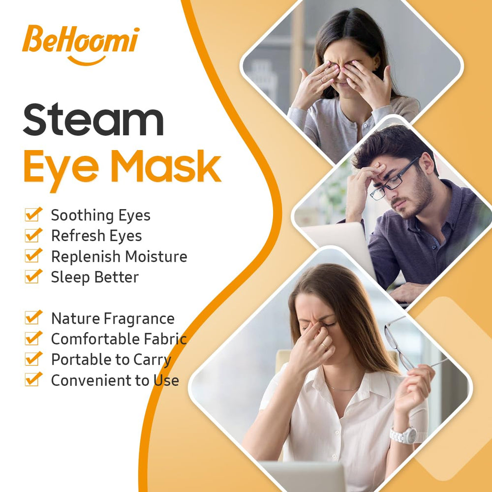 BeHoomi steam eye mask worn on face demonstrating soothing warmth
