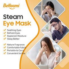 BeHoomi steam eye mask worn on face demonstrating soothing warmth
