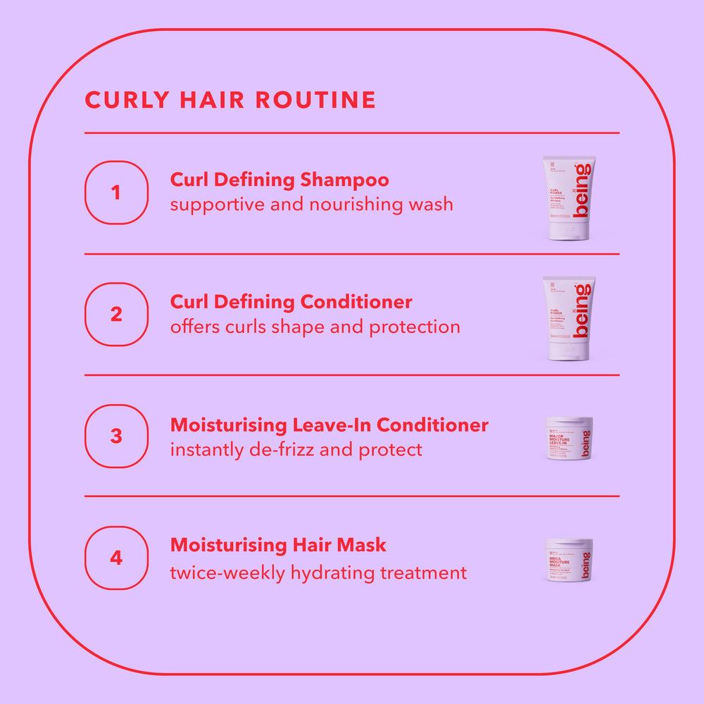 BEING INC bottles staged on bathroom shelf in daily curl-care routine
