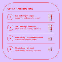 BEING INC bottles staged on bathroom shelf in daily curl-care routine