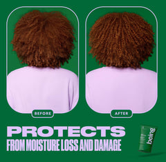 BEING INC lifestyle image of defined curly hair after use showing improved softness