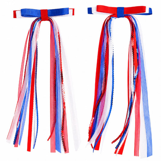 Beleki front view of two patriotic bows showing color and shape, perfect for photo-ready looks
