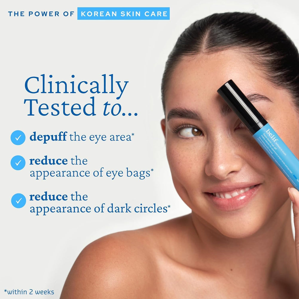 belif applying gel under eye demonstrating reduced puffiness effect