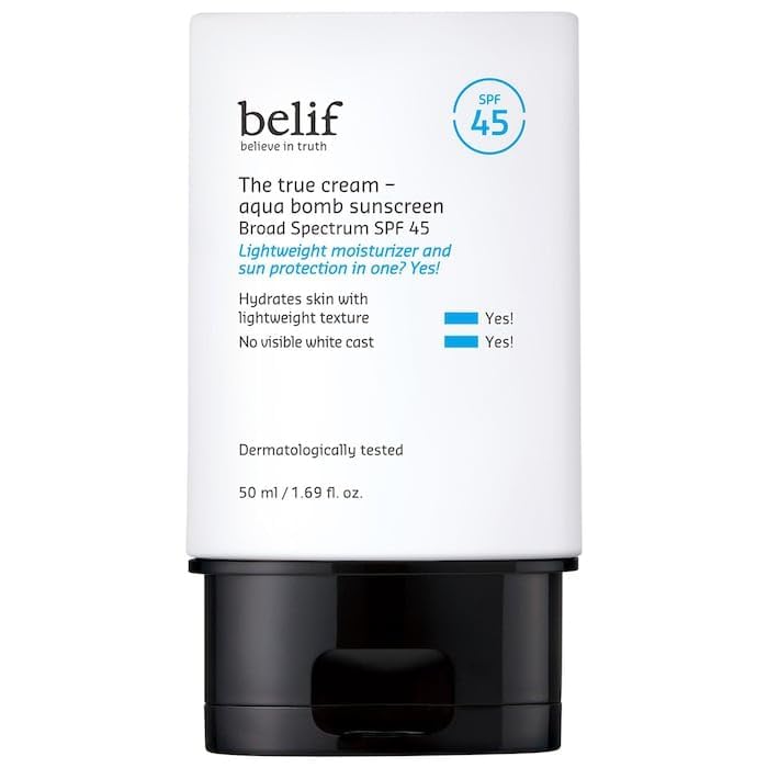 belif front packaging showing the Aqua Bomb SPF 45 bottle and benefits