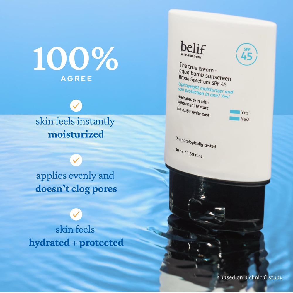 belif bottle held in hand to display size and travel-friendly scale