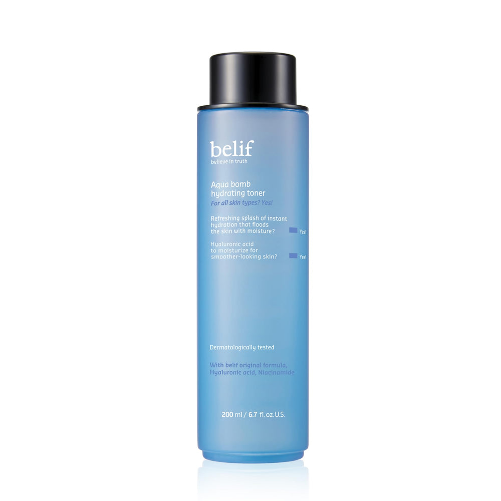 belif front packaging showing bottle and clear lightweight benefit